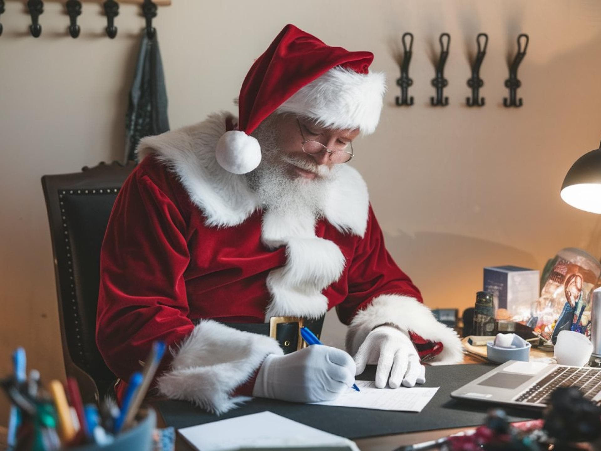 Der Weihnachtsmann schreibt einen Brief.