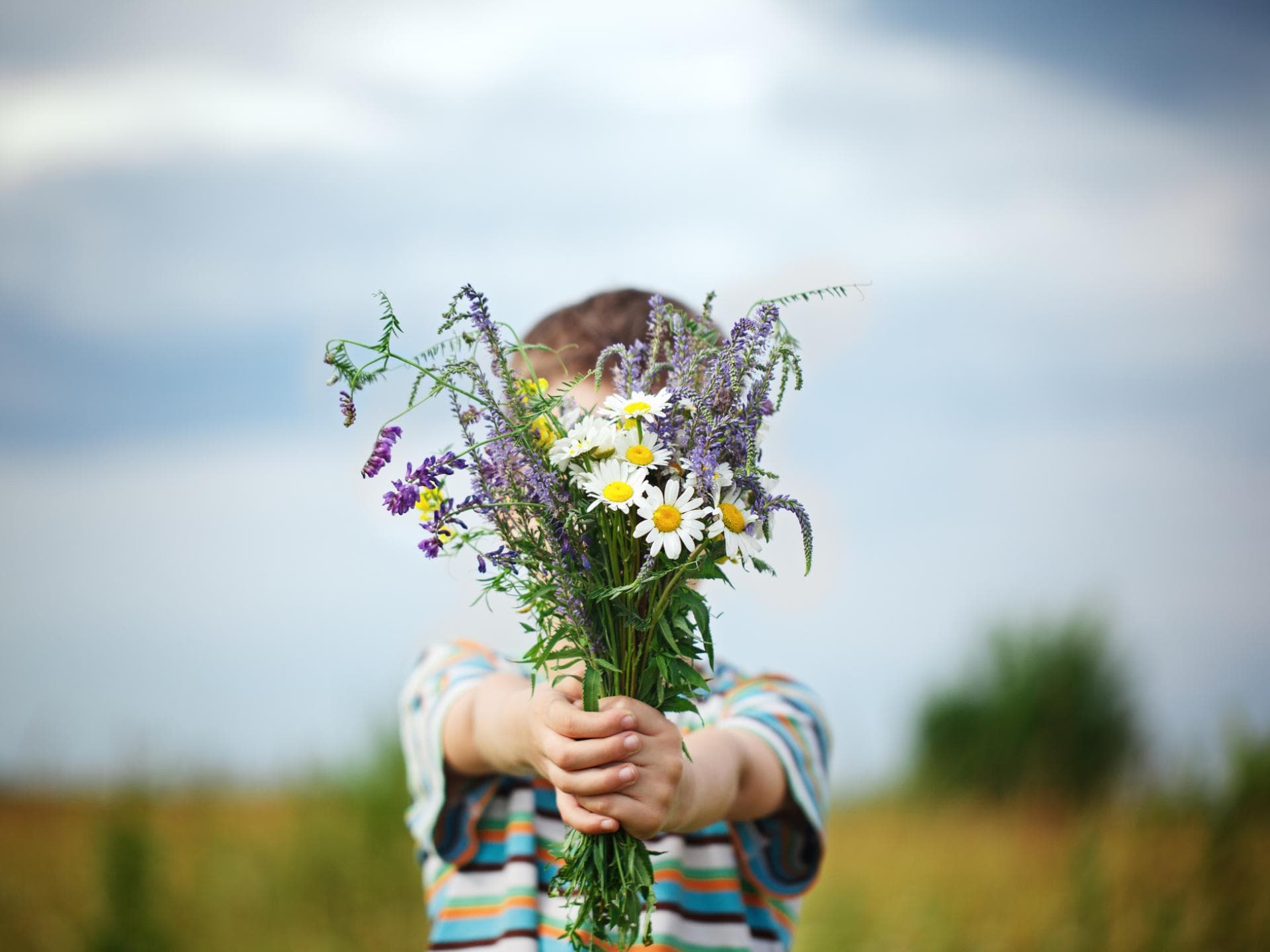Junge hält Blumenstrauß in die Kamera.