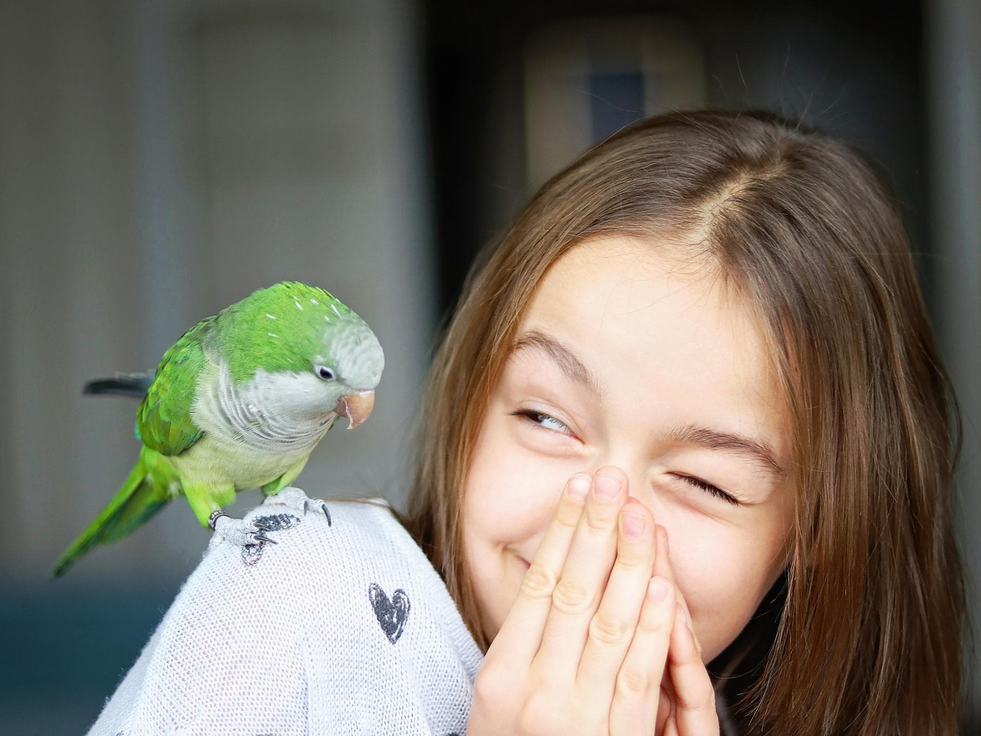 Mädchen mit Papagei auf der Schulter.
