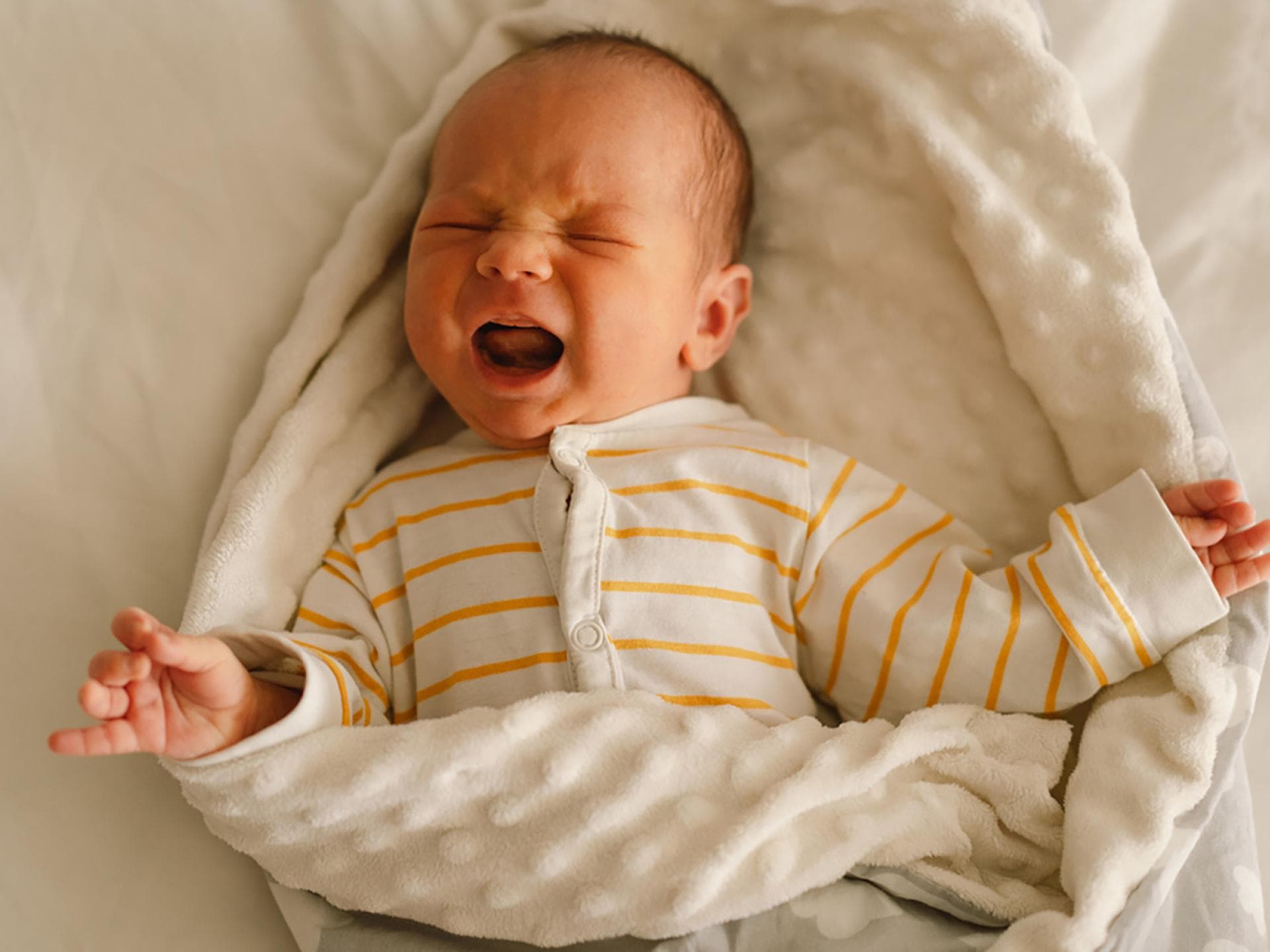 Intensive Schreiphasen beim Baby werden als "Purple crying" bezeichnet. Ein kleines Baby schreit aus vollem Hals.
