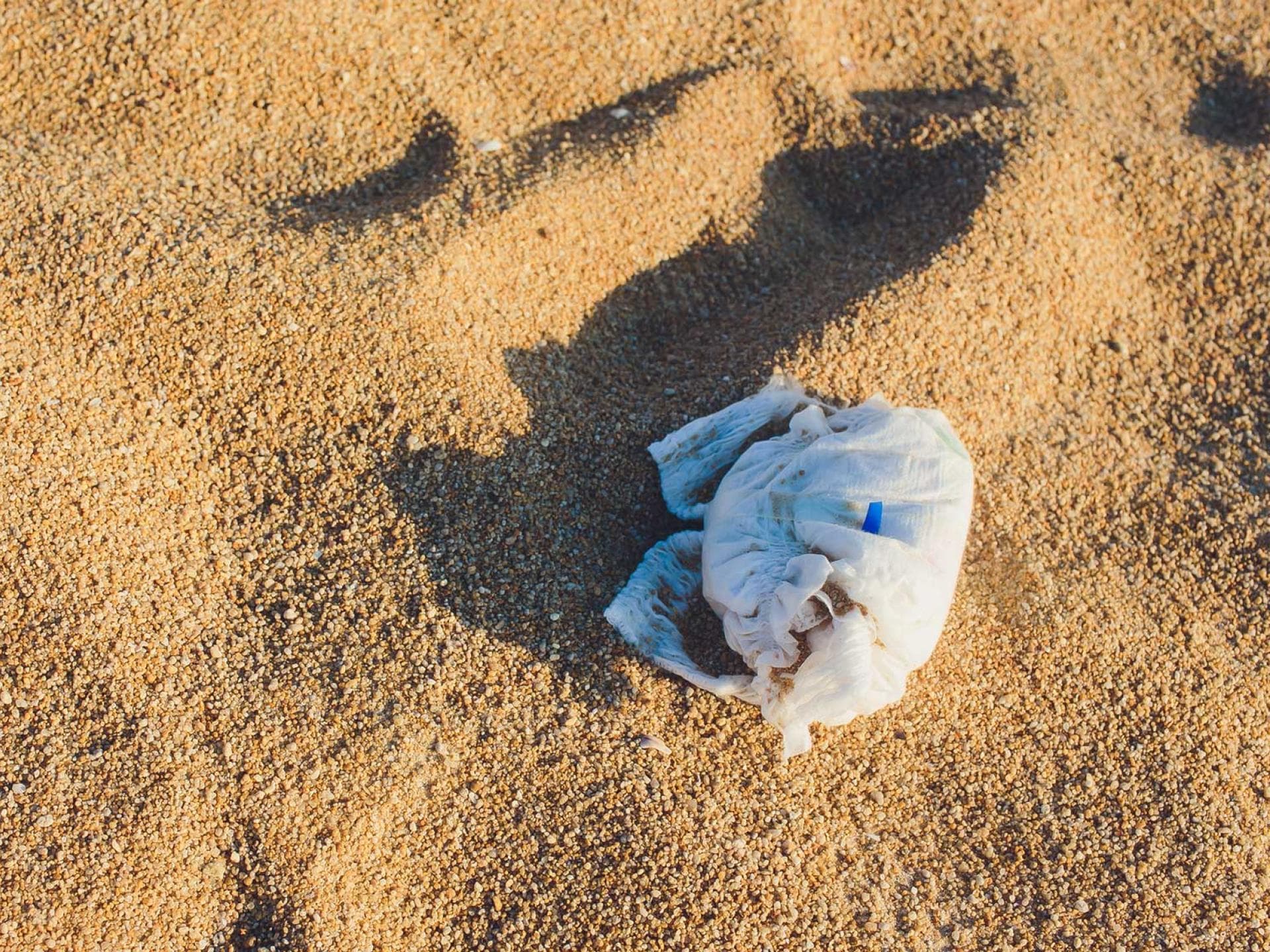 Eine dreckige Windel liegt am Strand