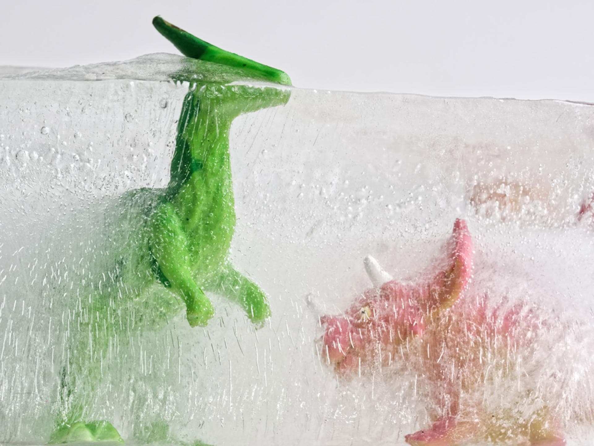 Zwei Dino-Spielfiguren sind in Eis eingefroren. 
