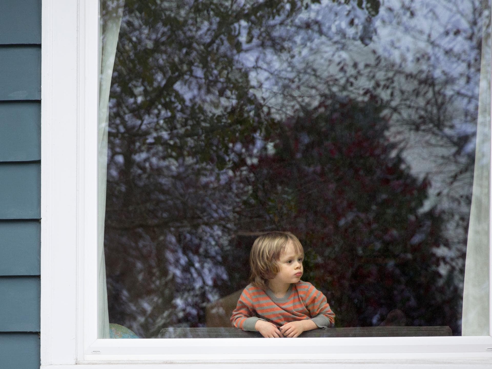 Ein kleiner Junge schaut aus dem Fenster.