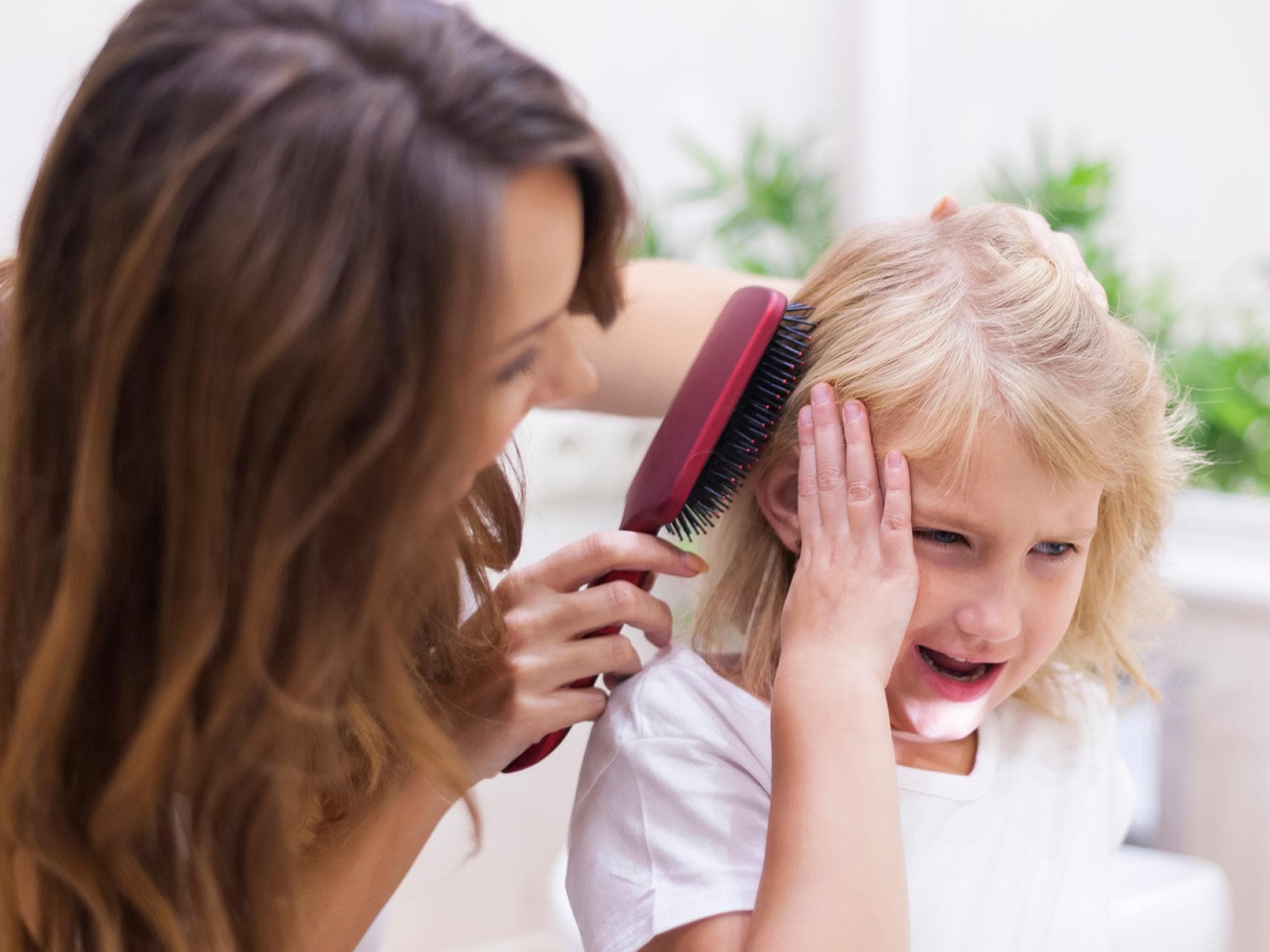 Ziepen kommt bei Kindern gar nicht gut an. Mutter bürstet ihrem Kind die Haare.