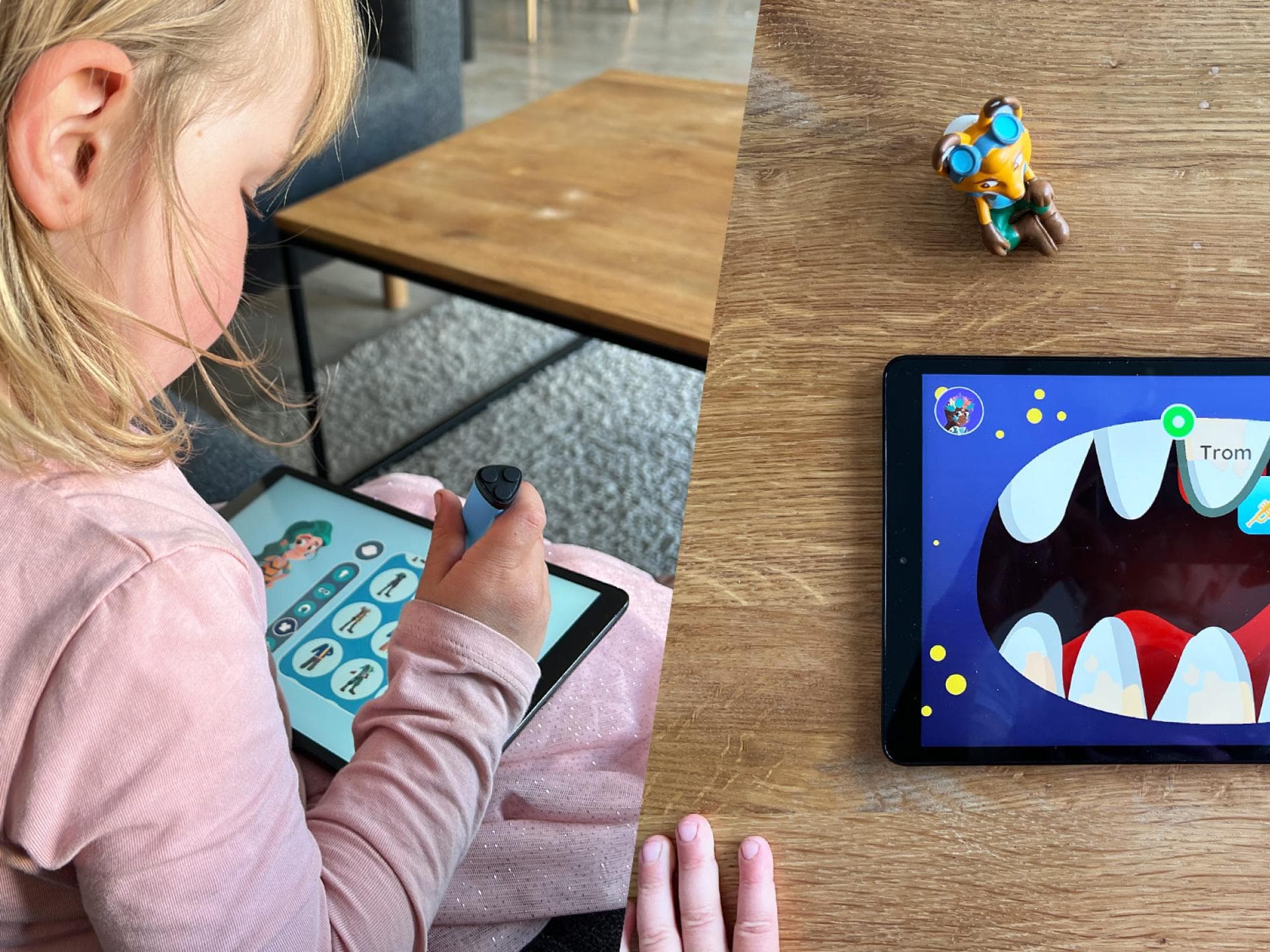 Mara (4) übt mit der Füchsin "Mika" die Silbentrennung.