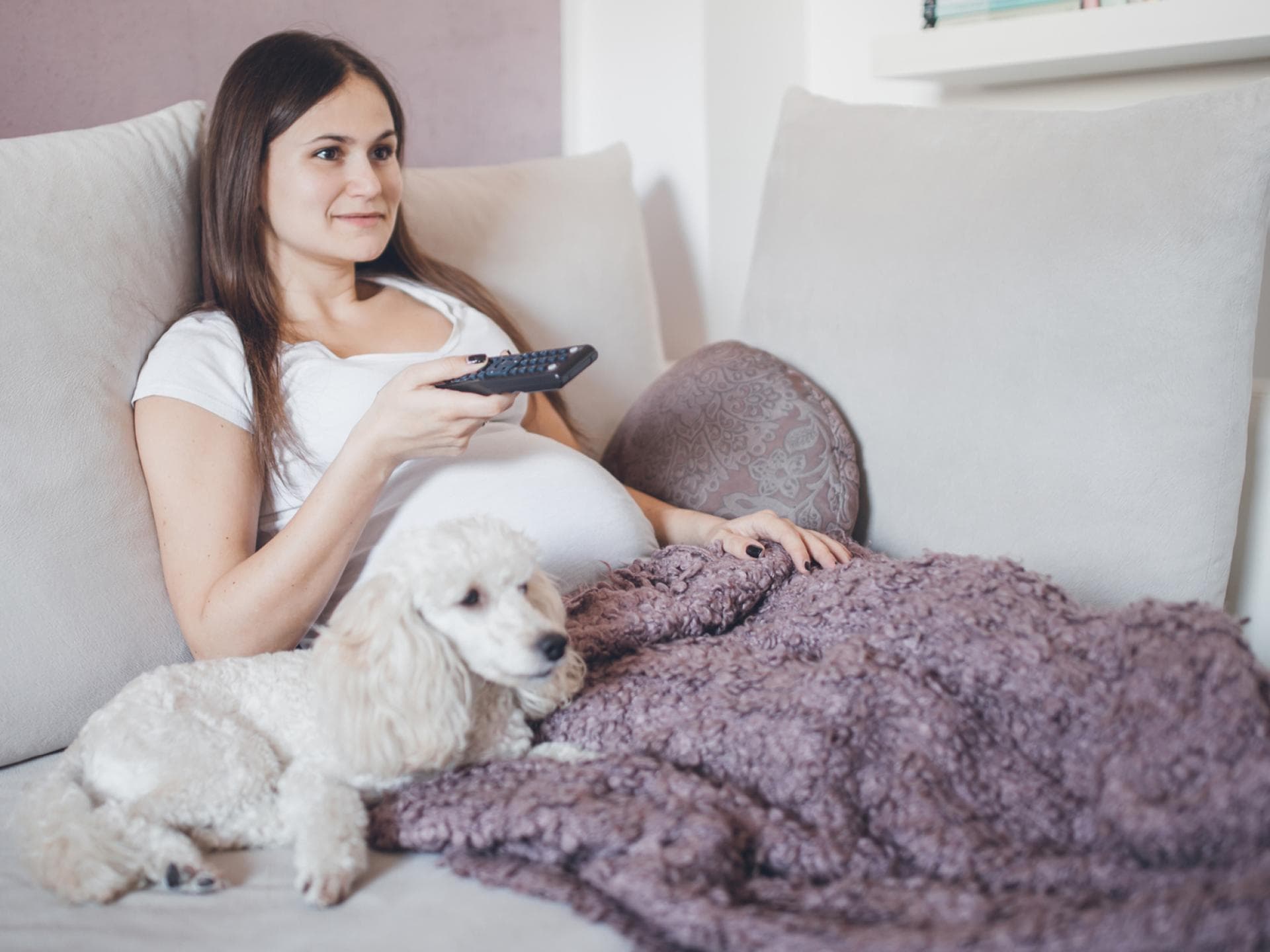 Schwangere Frau mit Hund zappt im Fernseher.