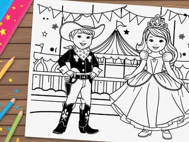 Ein Ausmalbild für Kinder zu Fasching, auf dem ein Cowboy und eine Prinzessin zu sehen sind